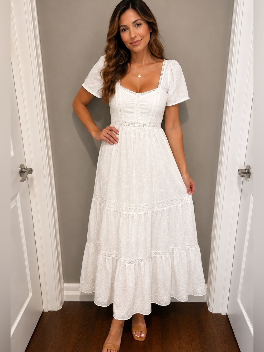NWT White Textured Embroidered Maxi Dress | Size M
